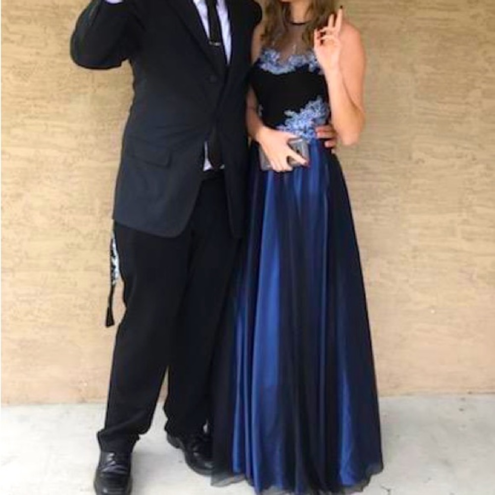 Floor length, Black lace & blue fabric, size 5 taken in at waist